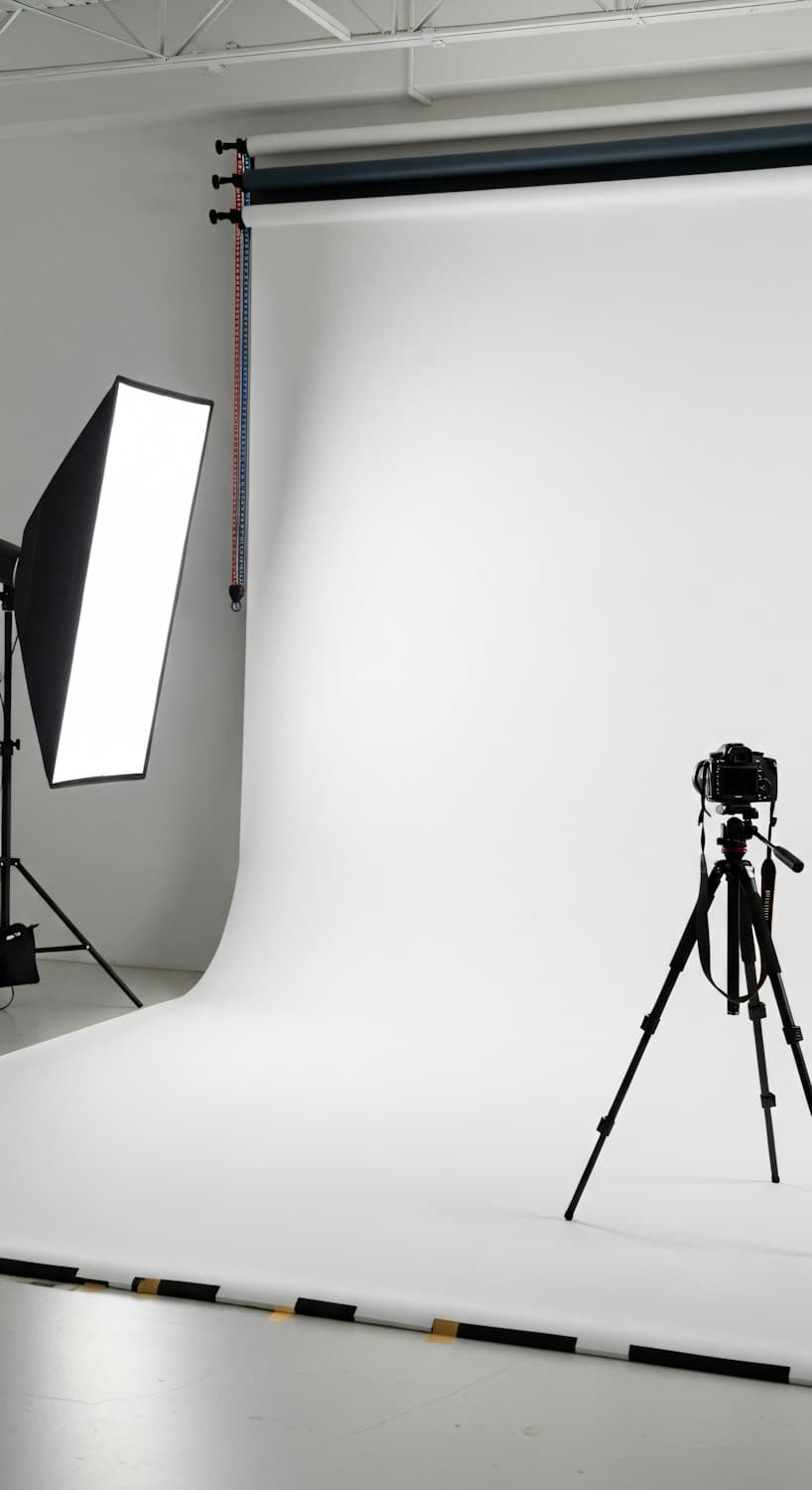 Camera on a tripod in front of a white seamless studio backdrop
