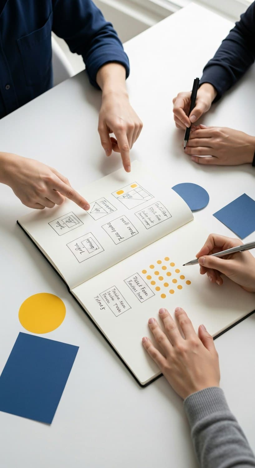 Three people sketching post layouts in a notebook with paper shapes on the table