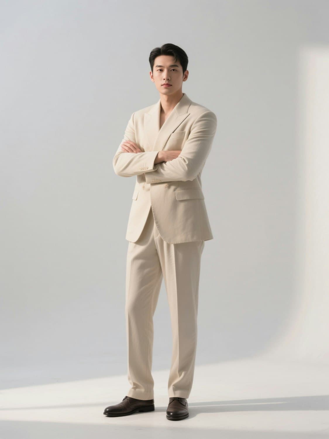 Portrait of Kenji Mori in a cream suit