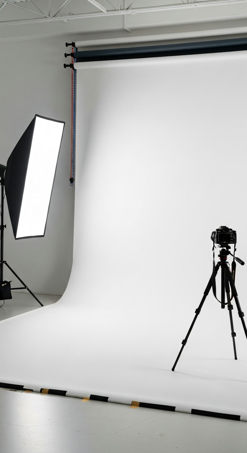 A camera on a tripod in front of a white studio backdrop with a softbox light